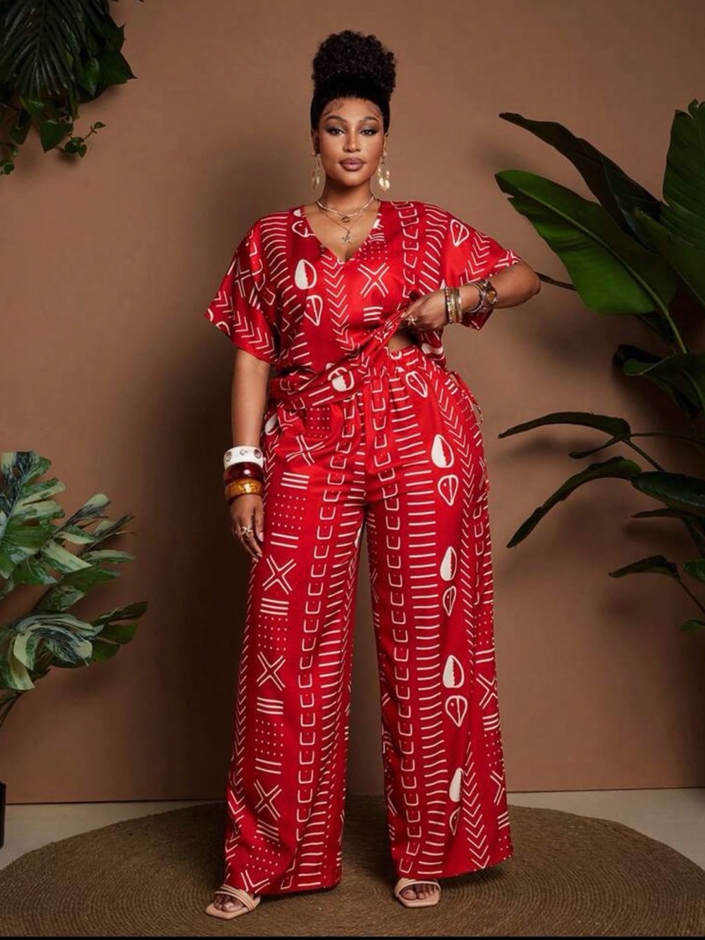 Plus-Size Red Printed Wide-Leg Jumpsuit